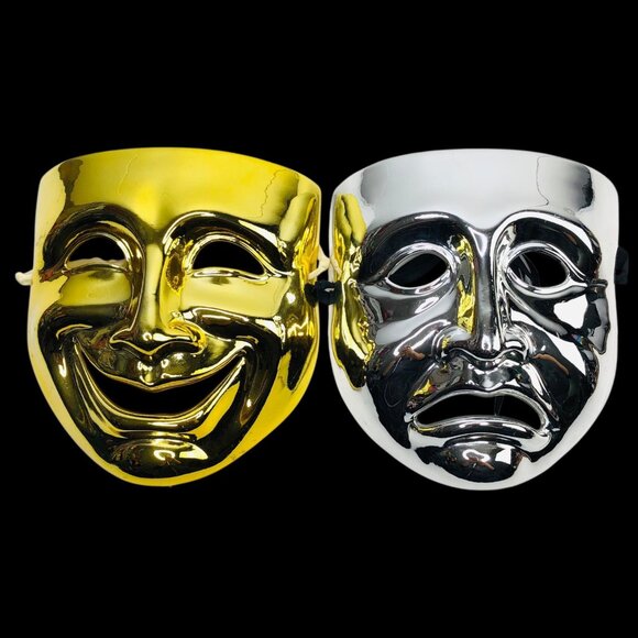 80s JAPAN VANDOC Gold Silver Comedy Tragedy Happy Sad Face Masks Theater Drama - Picture 1 of 13
